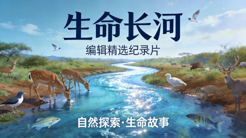 编辑精选纪录片《生命长河》海报，河流与野生动物画面