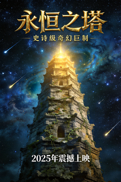 电影《永恒之塔》海报，古老塔楼在星空下闪耀