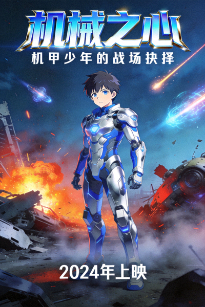 动漫《机械之心》海报，机甲少年在未来战场矗立