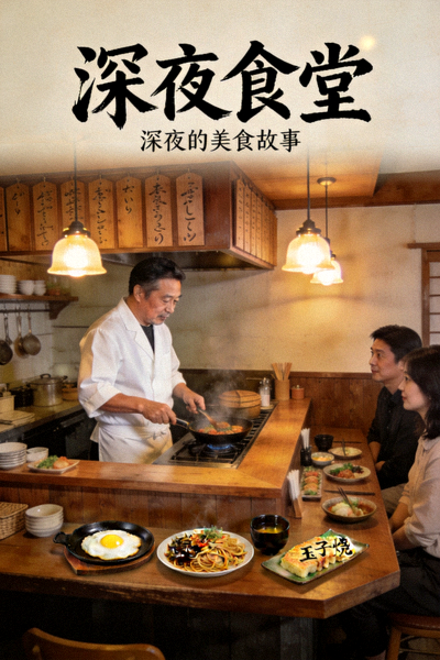日剧《深夜食堂》海报，厨师在温馨小店烹饪美食